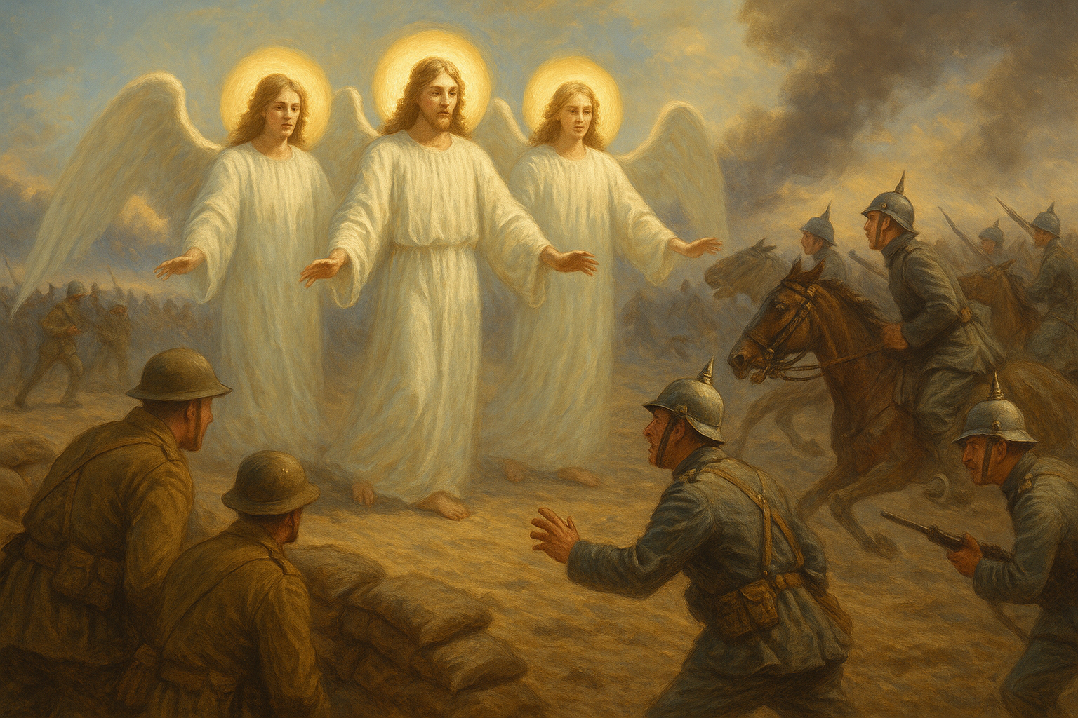 «(..) Guardando al di sopra della loro barricata, gli attoniti inglesi scorsero tra loro e i tedeschi quattro o cinque esseri meravigliosi, molto più grandi degli uomini. Portavano vesti bianche ed erano a capo scoperto; sembravano fluttuare più che stare in piedi. Voltavano le spalle agli inglesi, e fronteggiavano i tedeschi con le mani e le braccia protese in avanti. Il sole brillava di luce molto intensa in quel momento». Così dichiarava il capitano Cecil Hayword, ufficiale di Stato Maggiore britannico. Era il 1916, nel pieno della Grande Guerra. Quei soldati, ormai convinti di essere annientati, assistettero invece a qualcosa di inspiegabile: i tedeschi, improvvisamente storditi, non azionarono i cannoni né mossero un passo, lasciando agli inglesi il tempo di ritirarsi. Non fu un episodio isolato: altri militari parlarono di interi squadroni di angeli che si frapposero tra loro e i nemici. I cavalli della cavalleria avversaria, terrorizzati, si voltarono in preda al panico. La logica si frantuma davanti a queste cronache. Eppure, accaddero. Non è l’unico racconto. Luglio 1900, Cina. È l’assedio dei Boxers a Petang. Monsignor Favier, vescovo e guida dei cattolici locali, esorta i fedeli a pregare il Sacro Cuore, la Madonna e san Michele. Accade allora qualcosa di incredibile: i colpi dei rivoltosi iniziano a cadere lontano dal bersaglio, come deviati da una misteriosa forza. E quando i Boxers tentano l’attacco diretto, vengono respinti da un ostacolo invisibile. Presi dal terrore, fuggono. Poco dopo sopraggiungono le truppe europee, mettendo fine all’assedio. Coincidenza? O una mano soprannaturale? Alcuni studiosi hanno provato a dare letture scientifiche: variazioni di pressione atmosferica potrebbero aver deviato i proiettili; disturbi elettromagnetici o onde sonore potrebbero aver disorientato uomini e animali; perfino mutazioni delle traiettorie gravitazionali locali, come ipotizzato in certi studi sulla microfisica dei campi, potrebbero aver creato anomalie momentanee. Ma, anche cercando spiegazioni razionali, resta un alone di mistero che sfugge a ogni calcolo. La Bibbia stessa racconta episodi simili: eserciti messi in fuga da forze invisibili, battaglie vinte senza combattere grazie a un intervento dall’Alto. Sempre con lo stesso messaggio: la vittoria non è mai del più forte, ma di chi si affida a Dio. Forse gli angeli non compaiono sempre con vesti bianche e volti splendenti. Forse il loro intervento è silenzioso, invisibile. Ma la loro presenza, quando meno ce lo aspettiamo, continua a proteggere e a sorprendere. Perché la guerra più grande non è quella combattuta con le armi, ma quella che si consuma dentro di noi: scegliere se credere che Dio è davvero con noi.
